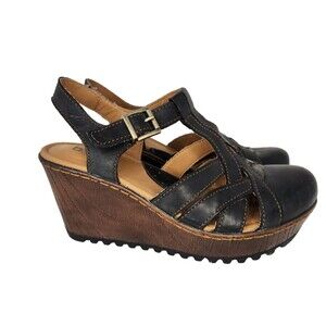 b.o.c Lizzie Wedge Sandal Black Leather Platform High Heel Women's Sz 6M Z51403